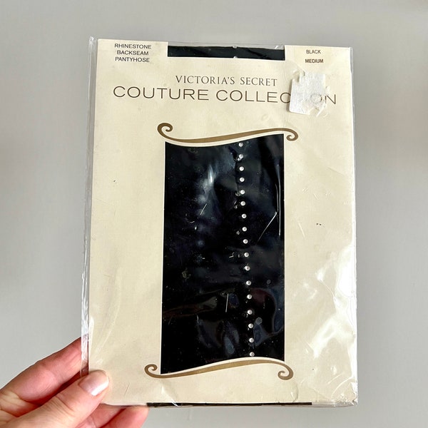 1 Pair Victoria's Secret Couture Collection Rhinestone Blackseam Pantyhose Medium Size, 100% Nylon, Made in England, NOS
