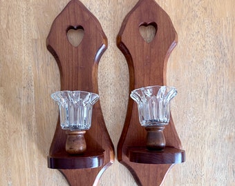 2 Wood Handmade Wall Sconces with Glass Candle Holders