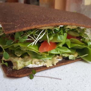 Könnte beinhalten: Ein Sandwich aus zwei braunen Crackern, gefüllt mit Avocado, Tomate, Gurke, Salat und Sprossen.