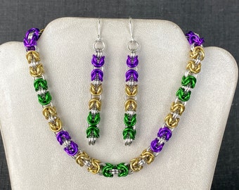 Mardi Gras earrings bracelet necklace - Byzantine chainmaille jewelry