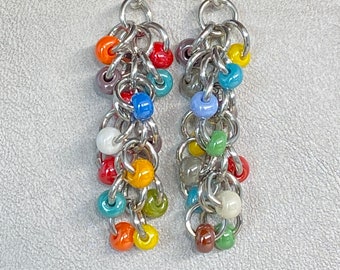 Beaded shaggy loop earrings - Lightweight aluminum earrings - Colorful earrings - Chainmaille earrings, Multi-color