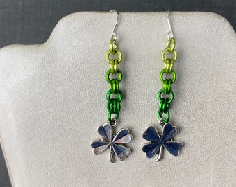 Shamrock Charm Earrings: Handmade Anodized Aluminum Chainmaille
