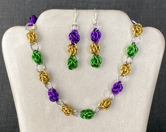 Mardi Gras earrings bracelet necklace - Sweet pea chainmaille jewelry