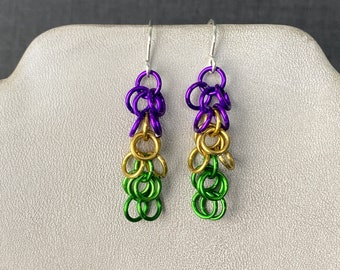 Mardi Gras Chainmaille Earrings: Anodized Aluminum Shaggy Loops