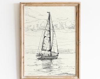 Sailboat Drawing sketch for Print: Minimalist Nautical Wall Art (Digital Download)