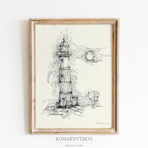 Lighthouse Sketch | Black and White Coastal Print | Nautical Wall Art