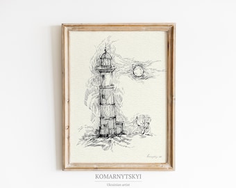Schizzo di faro / Stampa di paesaggio marino/Decorazione murale nautica