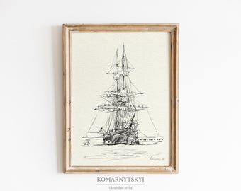 Dibujo de barco antiguo: lámina artística de paisaje marino (descarga digital)