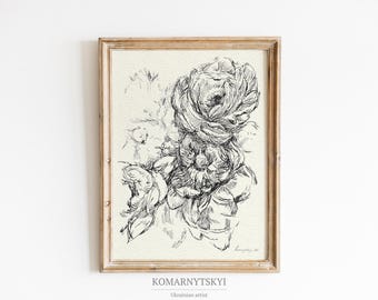 Vintage Rose sketch Drawing Art Print: Botanical Line Drawing (Digital Download)