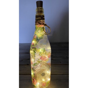 Lighted Birdhouse Garden Decoupage Wine Bottle Fairy Nightlight Decor