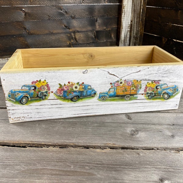 Country Charm Decoupage Old Truck With Flowers Wooden Box Farm Decor Distressed Keepsake Box Rustic Box