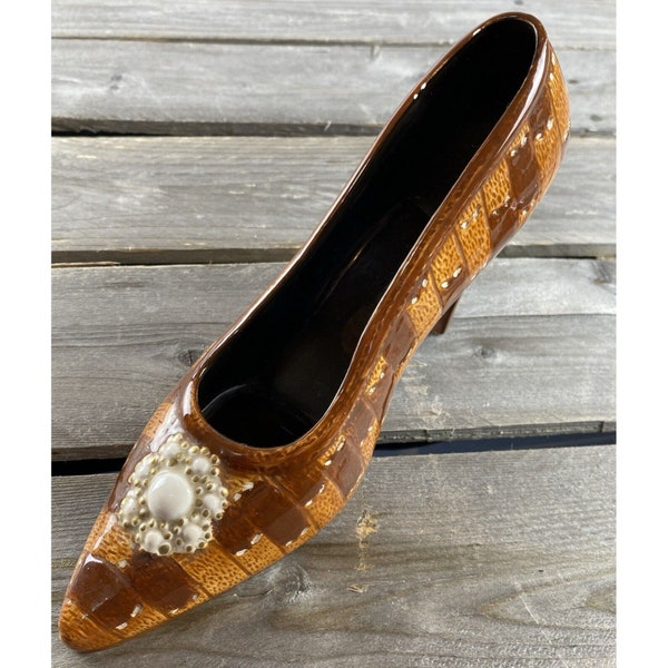 Vintage Two Tone Brown Porcelain Patchwork Women's Pumps Shoes Keepsake Shoe