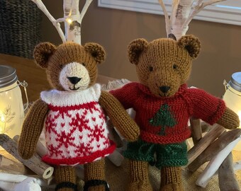 Hand Knit Stuffed Bears ("Tree Sweater" / "Snowflake Dress")