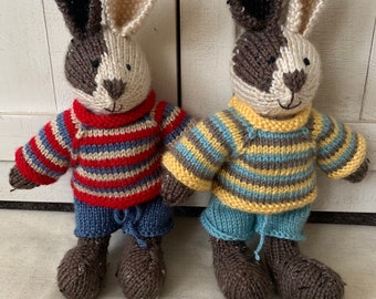 Hand Knit Stuffed Bunny (Brown "Patch")