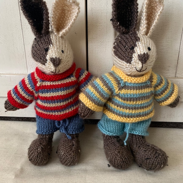 Hand Knit Stuffed Bunny (Brown "Patch")