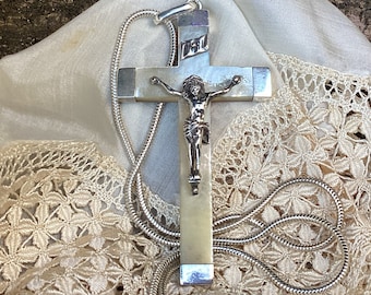 Antique crucifix pendant/1901 confirmation gift/silver and mother of pearl necklace/cross and chain necklace/French religious jewelry