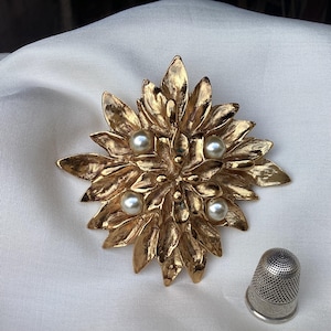 YSL vintage signed brooch/the big flower and pearl brooch/a large gold metal brooch /French haute couture jewelry