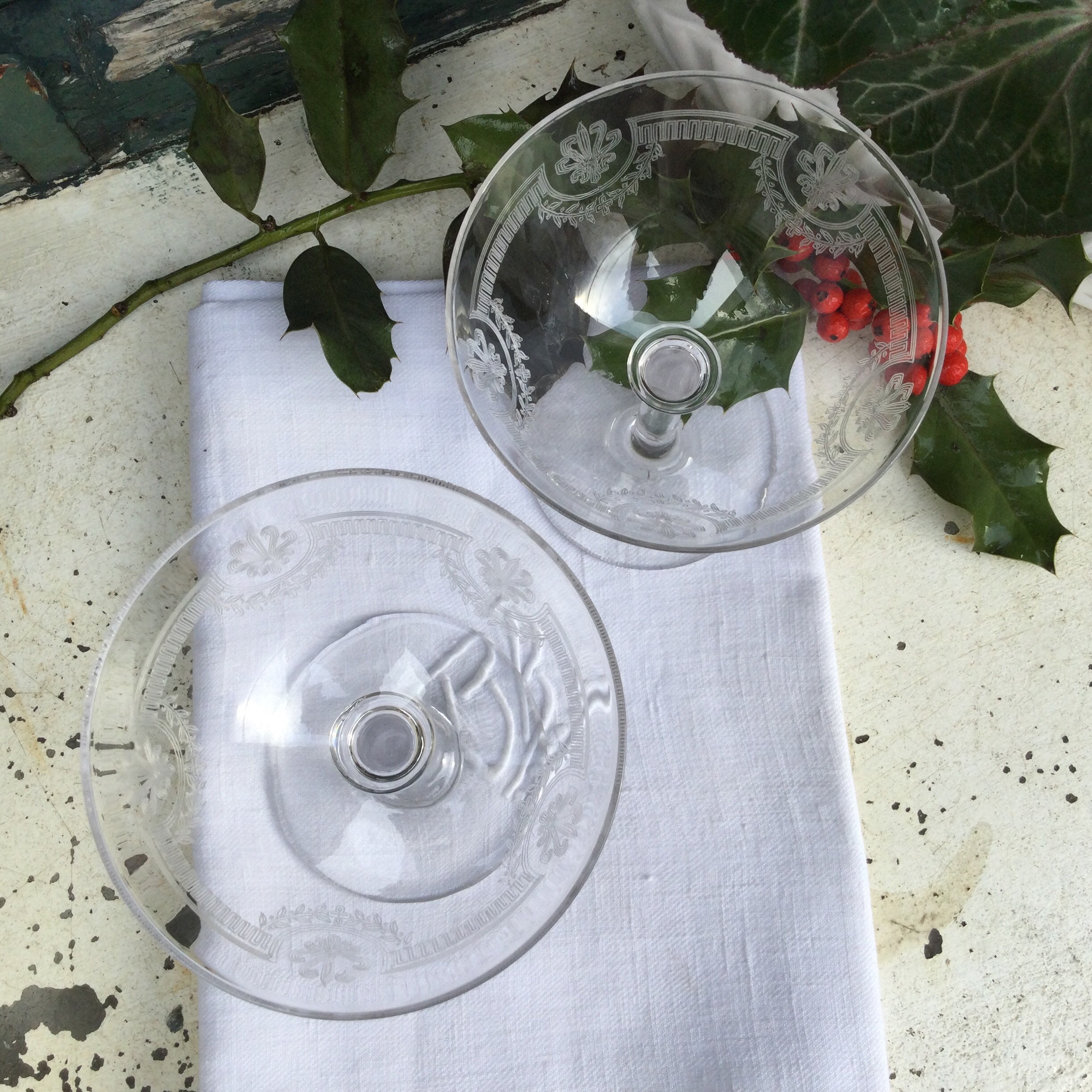 2 Coupes en Cristal Gravé Des Années 1920 Verres Gravés Verrerie Antique Français