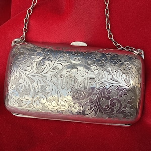 Monedero antiguo de plata/cartera con grabado inglés/monedero y cadena de plata/monedero de noche forrado en cuero/monograma WMF/accesorio chatelain de plata