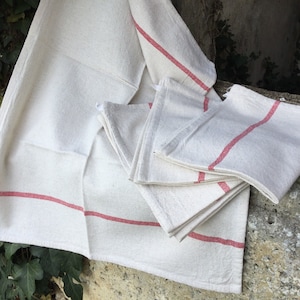 4 French cotton tea towels/4 vintage kitchen towels/4 unused drying up cloths/champagne color and red stripes/French farmhouse kitchen