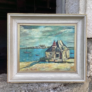Pintura a óleo francesa original/cena marítima/Baía de Morbihan, Bretanha/paisagem marinha assinada e dedicada em 1970/decoração de parede vintage francesa
