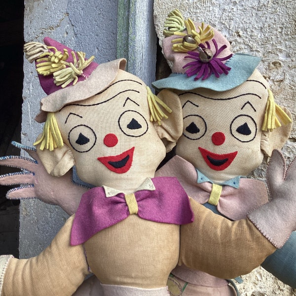 Très rare 2 jouets en peluche/art ancien sur tissu/clowns provençaux théâtraux/porte-fenêtre/2 poupées faites main/clowns décoratifs anciens