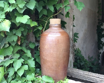 Antico barattolo di conservazione smaltato francese: bottiglia di ceramica tornita a mano