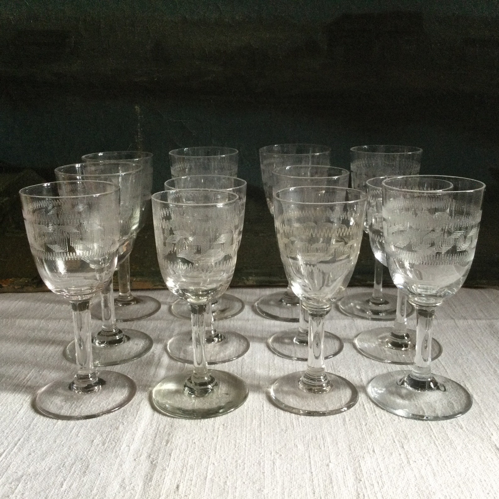 12 1930s small stemmed glasses. Bohemian hand engraved. Set Etsy