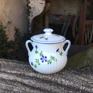 May include: White porcelain sugar bowl with a lid, featuring a floral design with blue and green accents. The bowl has a fluted body and two handles.