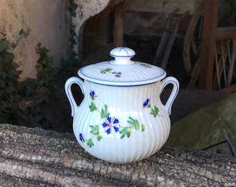 Può includere: Zuccheriera in porcellana bianca con coperchio, decorata con un motivo floreale con accenti blu e verdi. La ciotola ha un corpo scanalato e due manici.