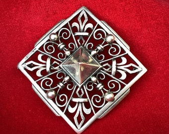 French vintage silver brooch/signed jewelry/large square solid silver clasp/fleur de lys French pin