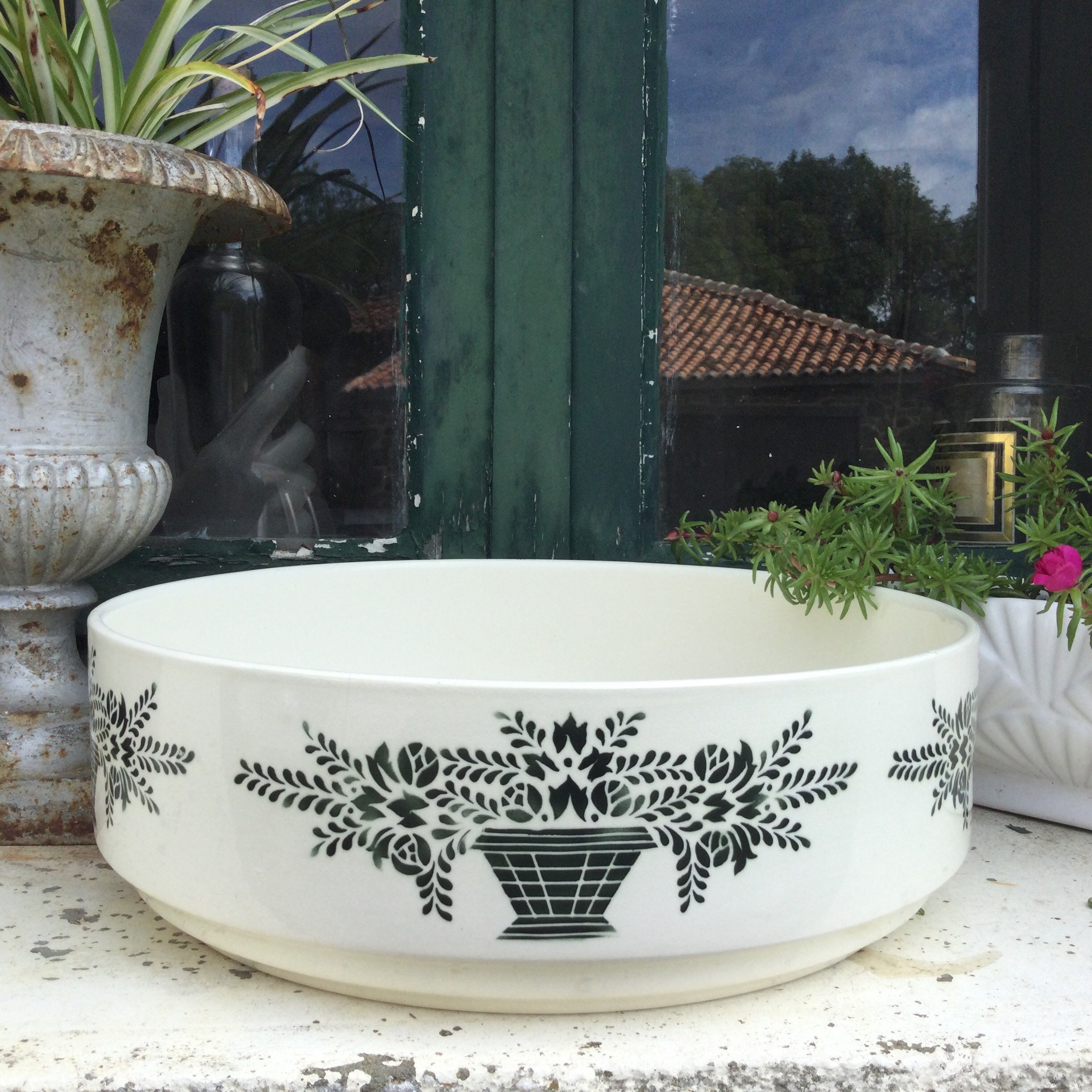 Très Grand Bol en Céramique, Planteur Des Années 1940 Badonviller Vert Foncé Transfert Faïence Franç