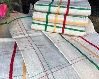 4 French linen tea towels/4 vintage kitchen towels/new unused drying up cloths/green yellow red striped towels/French farmhouse kitchen