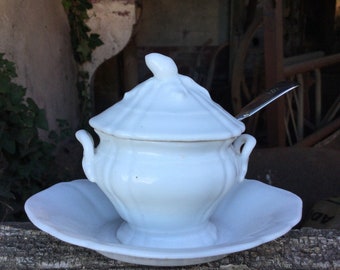 A little mustard pot/a small white porcelain sauce boat/French vintage mini tureen/a relish bowl and silver spoon/French country decor