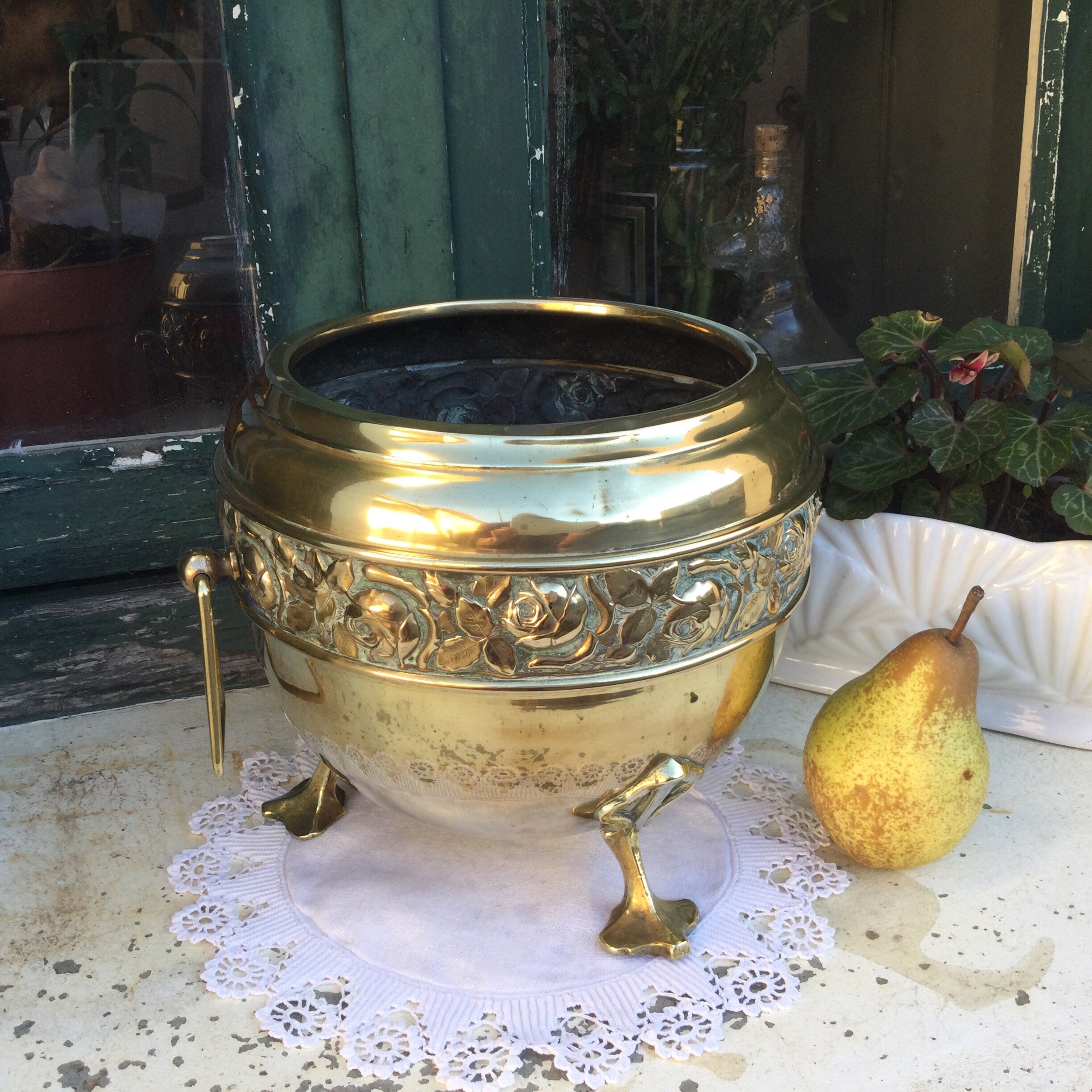 1920/30's Art Nouveau Planter Brass Cache Pot de Fleurs Jardinier Français Ferme Décor Champêtre