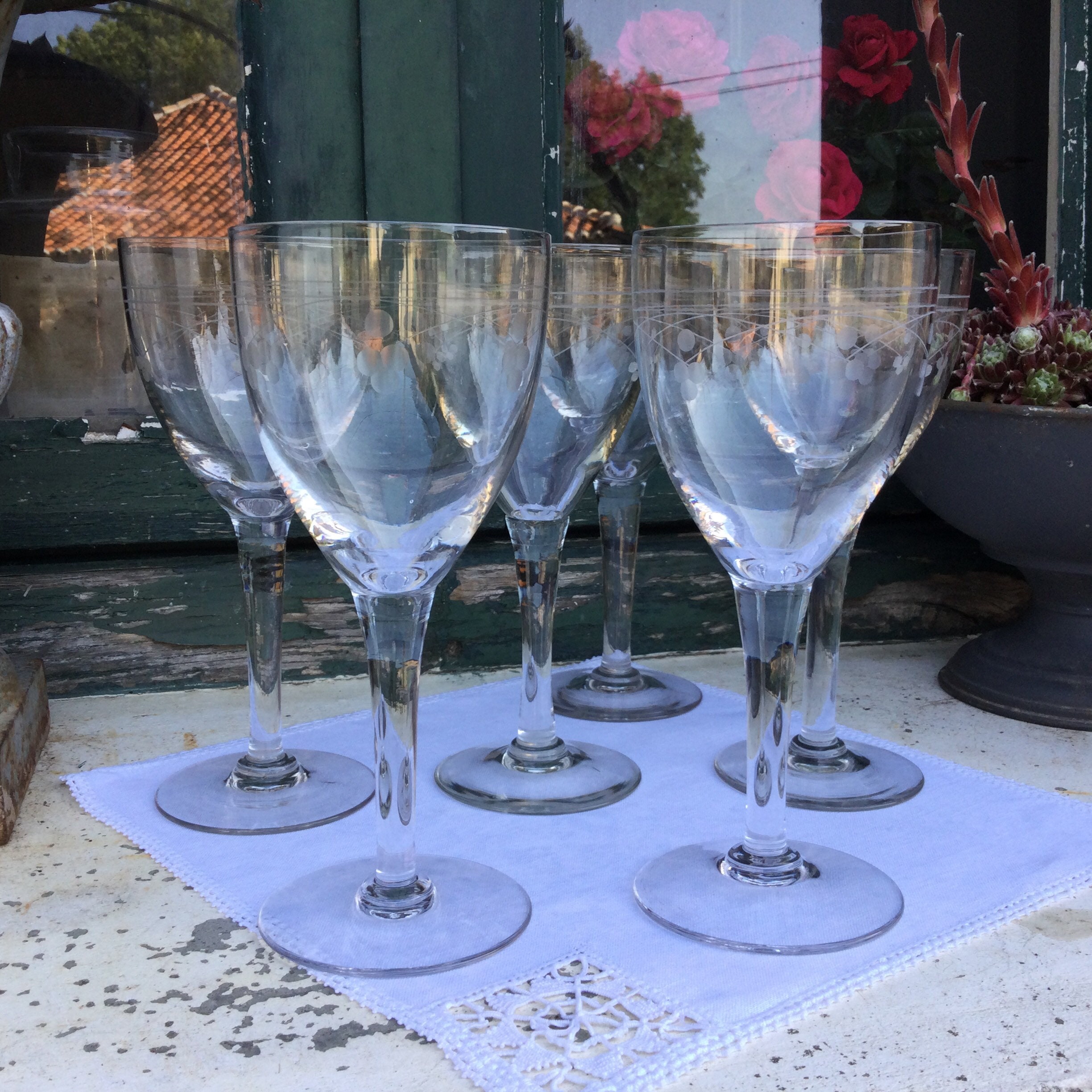 6 Eau Gravée Art Déco, Verres à Vin Rouge ou Blanc Élégants Des Années 1920 Verrerie Soufflée La Bou