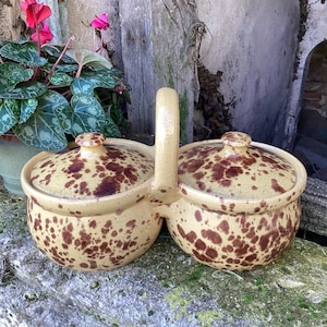 2 Provencal lidded bowls/glazed terra cotta bowls/2 serving bowls with handle/twin ceramic pots/French vintage farmhouse pottery