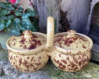 2 Provencal lidded bowls/glazed terra cotta bowls/2 serving bowls with handle/twin ceramic pots/French vintage farmhouse pottery