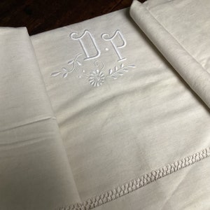 French antique flat sheet/queen size linen sheet/hand embroidered bedlinen/monogram D.P./biscuit color fabric/French country decor