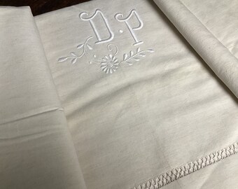 French Antique Linen Sheet, Queen Size, Hand Embroidered Monogram DP