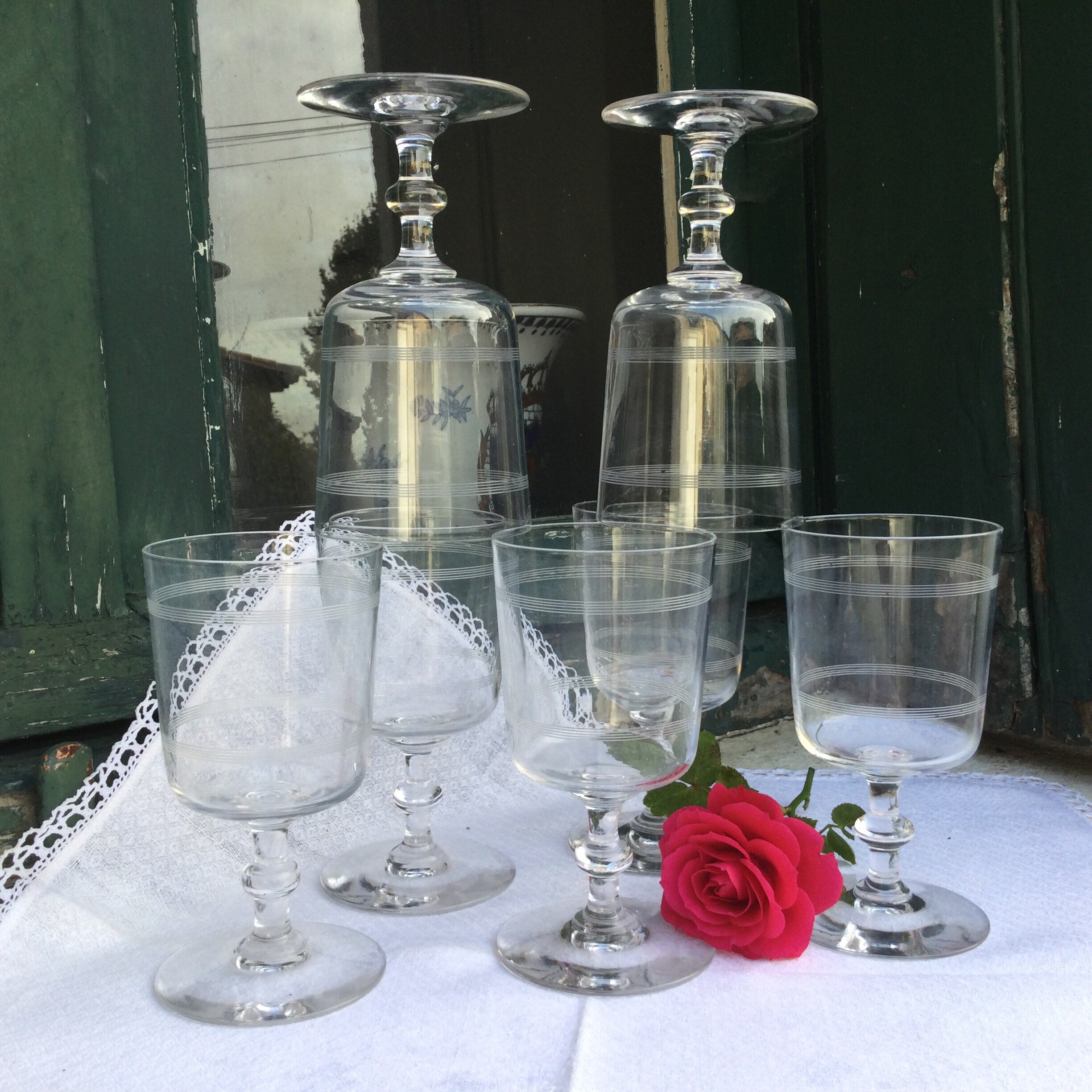 7 Verres d'eau en Cristal Des Années 1950 Verrerie Gravée Boho Grande Tige Verres à Vin Élégants Fra