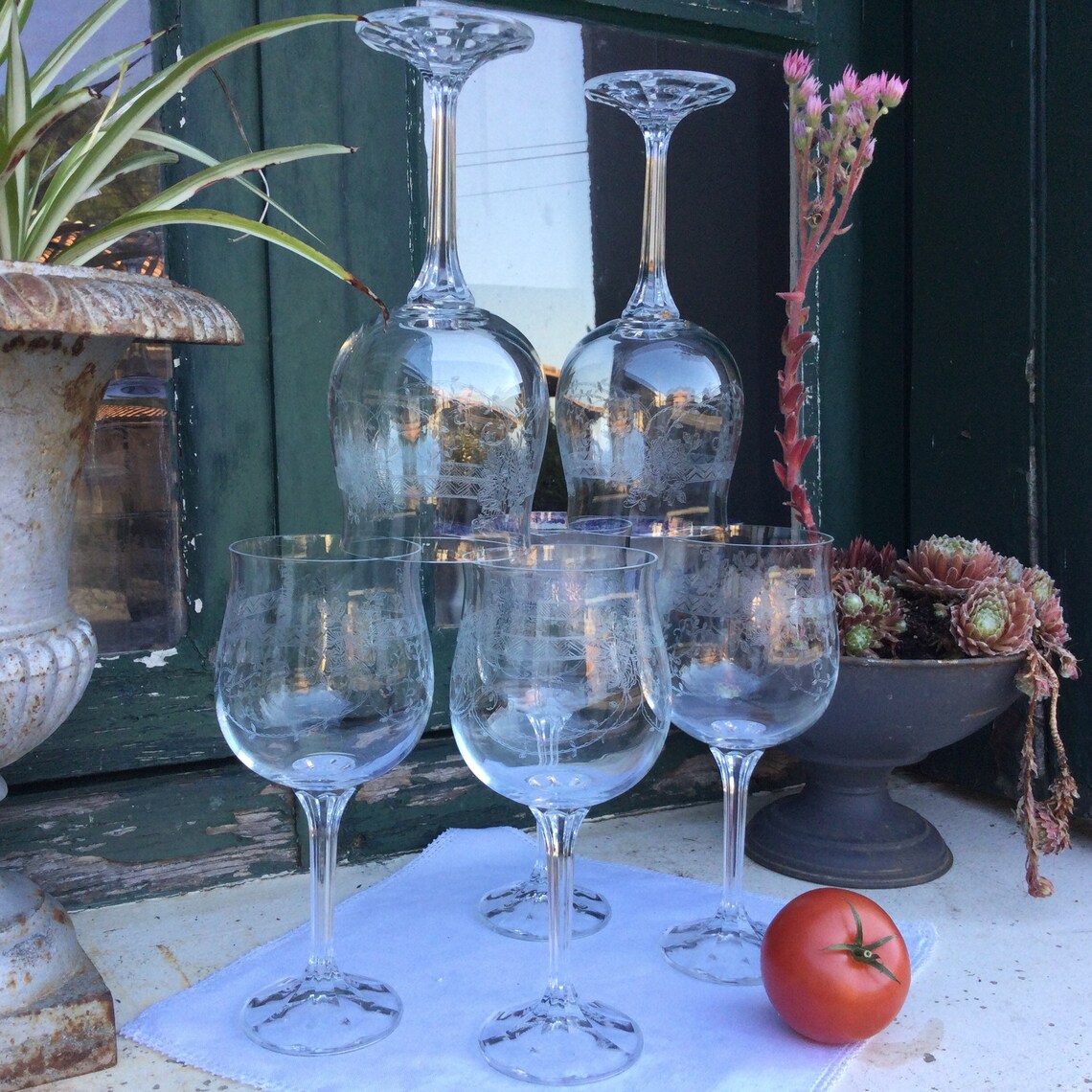 6 Long Stemmed Water and Wine Glasses 1940s Bohemian Tulip Etsy