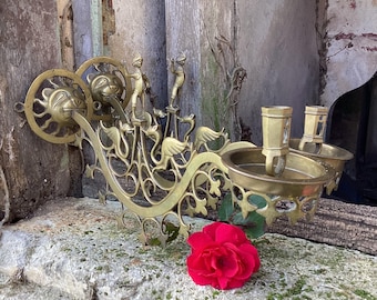 1800’s rare bronze wall lights/chateau salvage bronze candleholders/decorative bronze fixtures for tapers/French antique bronze decor