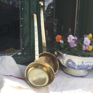 1940 brass ladles a pair large serving spoons artisan hammered utensil kitchenware vintage kitchenalia French country decor image 1