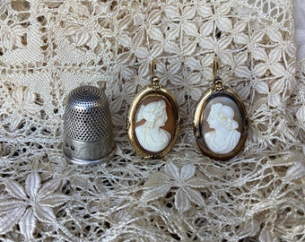 Cameo earrings/etched shell and gold plate earrings/vintage earrings/French vintage jewelry