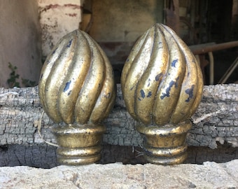 Napoleon III carved wood finials/gilded curtain pole ends/gold wood curtain rod tips/French château salvage/a pair of wood pommels
