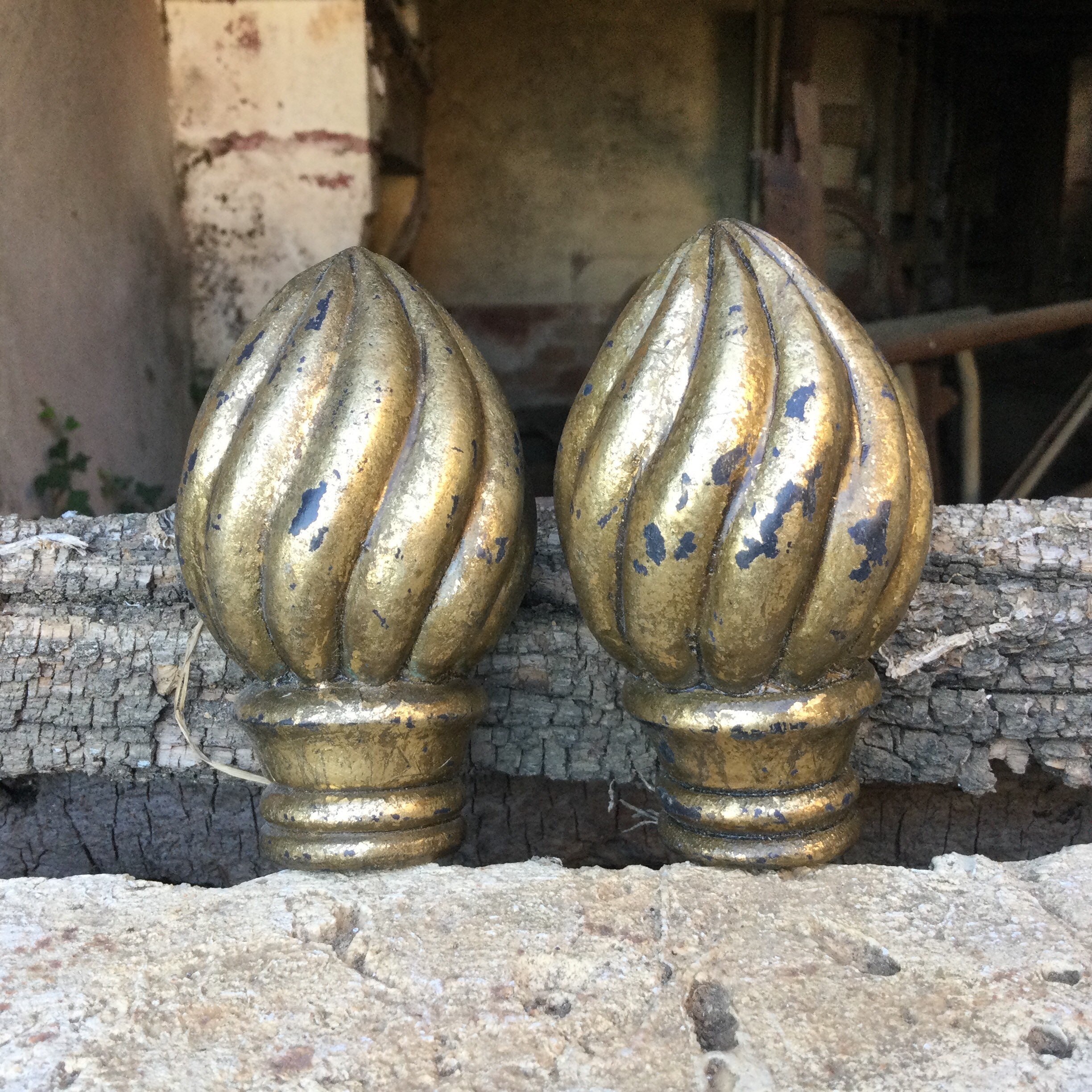 Vintage Carved Wood Finials Toppers for Furniture Curtain Rods.  Architectural Decor Stairwell or Drapery Hardware Repurpose –set of 2