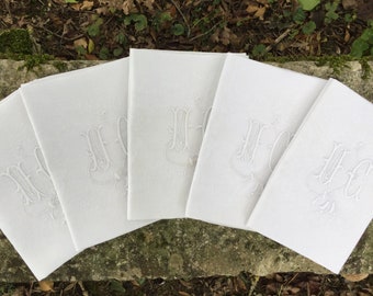 5 Vintage Linen Damask Napkins, Hand Embroidered Monogram 'M.C.', 1920s