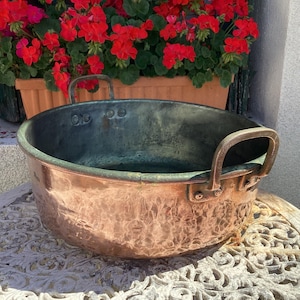 Antique Copper Cooking Pot: Large French Farmhouse Planter