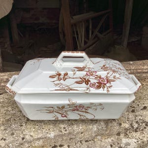 Può includere: Un piatto da portata in ceramica bianca con coperchio. Il piatto presenta un motivo floreale con fiori marroni e rosa. Il coperchio ha un manico.